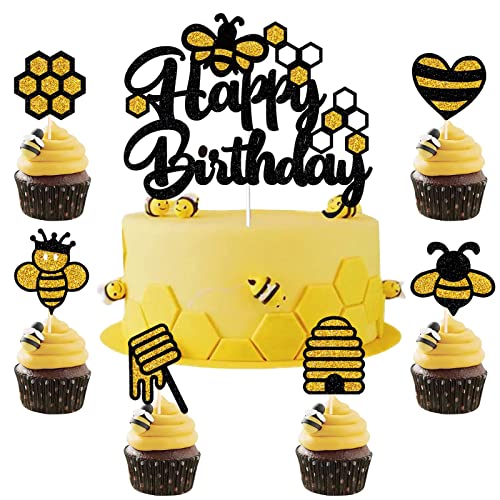 HSDSH 13 Stück Biene Tortendeko Biene Kuchen Topper Golden Glitzer Geburtstag Kuchen Dekoration Bee Cupcake Topper für Kinder Baby Junge Mädchen Bee Thema Geburtstag Party Deko von HSDSH