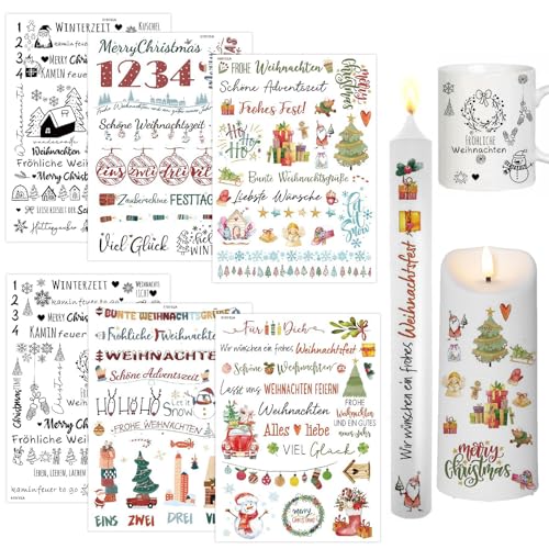 HSDSH 6 Stück Kerzentattoos Weihnachten(200+ Muster), Wassertransferdruck Kerzenfolie Kerzentattoo, DIY asserschiebefolie Kerzen Kerzenaufkleber Weihnachts A5 Sticker für Adventskerzen und Keramik von HSDSH