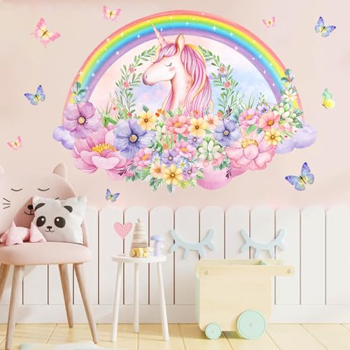 HSDSH Wandtattoo Einhorn Regenbogen Groß Wandaufkleber Schmetterlinge Blume Mädchen Wandsticker Wanddeko für Kinderzimmer Babyzimmer Mädchenzimmer Schlafzimmer von HSDSH