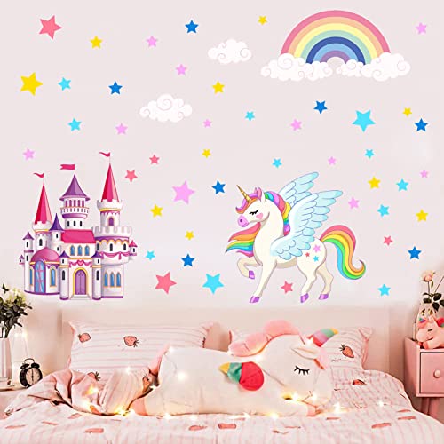 HSDSH Wandtattoo Einhorn Wandsticker Kinderzimmer Mädchen Wandaufkleber Schloss Regenbogen Stern Kinder Aufkleber abnehmbar für Mädchen Kinderzimmer Babyzimmer Schlafzimmer Wanddeko von HSDSH