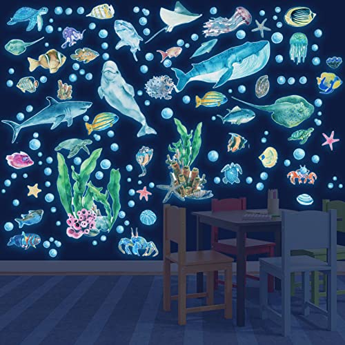 Wandsticker Leuchtaufkleber Wandtattoo Leuchtend Ozean Meerestiere Fluoreszierend Wandaufkleber Glühende Meeresschildkröte Quallen Fisch Unterwasserwelt Für Kinderzimmer Dekorative Aufkleber Wanddeko von HSDSH