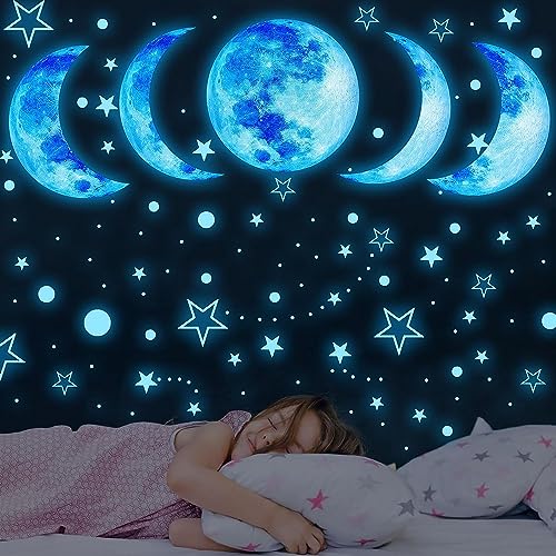 Wandtattoo Leuchtmond Wandaufkleber leuchtsticker Phase des Mondes Leuchtsterne Leuchtpunkte Wanddeko Kinderzimmer Wohnzimmer Schlafzimmer Babyzimmer Kind Junge Mädchen Wandsticker Selbstklebend Blau von HSDSH