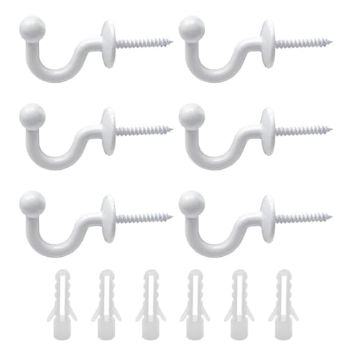 HSIXHAF 6 pcs Vorhang Raffhalter Haken Gardinenhalter Wand Metall Weiß U-förmige Ende Vorhang Holdback Wandhaken Ball End Raffhalter Haken für Gardinen Heimdekoration, Inklusive Befestigungshülse von HSIXHAF