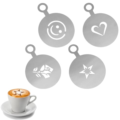 HSIXHAF Kaffeeschablonen aus Edelstahl, 4 Pcs Kaffee-Dekorationsschablone Cappuccino schablonen Kaffee schablonen Kaffee Latte Art Schablonen tortenschablone, Sterne, Herzen, Lächeln, Rosen von HSIXHAF