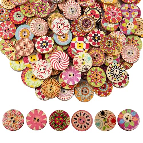 100 Stück Bunte Holzknöpf, Bunte Retro Harz HolzknöPfe, Knöpfe zum Annähen, NäHen KnöPfe Blume Malerei Geometrishes Muster, Mit 2 LöCher für NäHen DIY Basteln Handwerk Deko (15mm) von HSLPSM