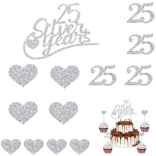 13 Stück 25 Silberhochzeit Caketopper 25 Silver Years Cake Topper Fröhliches Jubiläum Glitzer Herz Kuchen Topper Hochzeitstorte Kuchenstecker Dekoration, Geburtstag für 25 Souvenir Tortendeko(Silber） von HSLPSM