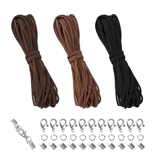 3 Rollen Lederschnur, Lederband 10M x 3mm, Lederband aus echt Leder, Klassik Vintage Band Faden, mit 100 Stück Verschluss, für DIY Armband Halskette Schmuck Handwerk (3 Farben) von HSLPSM