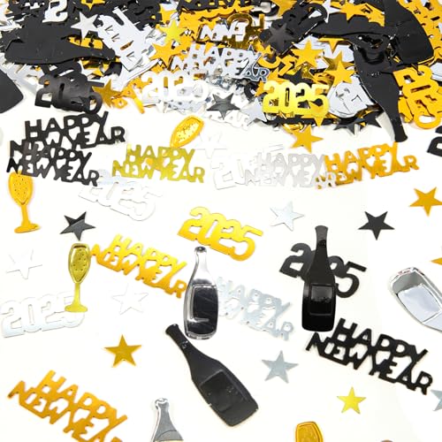 30g Happy New Year Konfetti Tischdeko, Silvesterpartydeko Accessoire, Konfetti Silvester Deko, Silver Gold Black Star Confetti 2025 Number Confetti, Neujahrsdeko Konfetti, Happy New Year 2025 Deko von HSLPSM