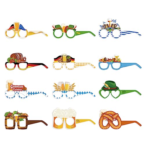 HSLPSM 12 Stück Oktoberfest Accessoires,Oktoberfest Brillen Accessoires,Herren Damen Brillen Dekoration,Gläser mit verschiedenen dekorativen Mustern,Lustige Bayrische Brille von HSLPSM