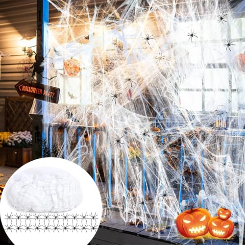 HSLPSM 60g Spinnennetz,30St Plastik Spinnen,Gruselig Halloween Dekoration Spinnweben für Outdoor Indoor Garten,Esstisch,Tür,Decke,Fenster,Horror Spukhaus Hof Grusel Deko Spinnennetze,Spinnenweben Deko von HSLPSM