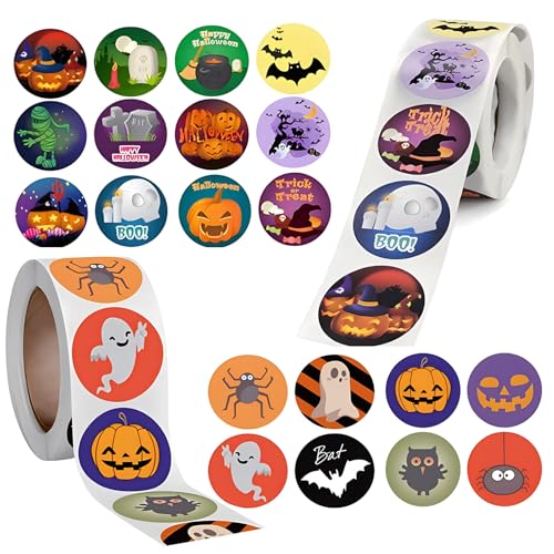 HSLPSM Halloween Aufkleber Rolle,1000 Stück Halloween Sticker,Halloween Aufkleber für Kinder,Halloween-Kürbis-Spinnen-Fledermaus-Aufkleber, Rolle für Halloween Party DIY Craft von HSLPSM