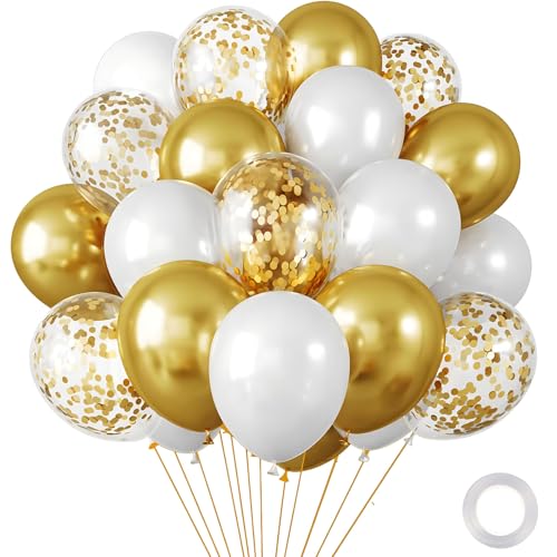 20 Stück Luftballons Silber Klar Gelb Off-White, Konfetti Silber Luftballons 12 Zoll, Hochzeit Luftballons Metallic Silber Ballons mit Bändern (Gold) von HSLPSM