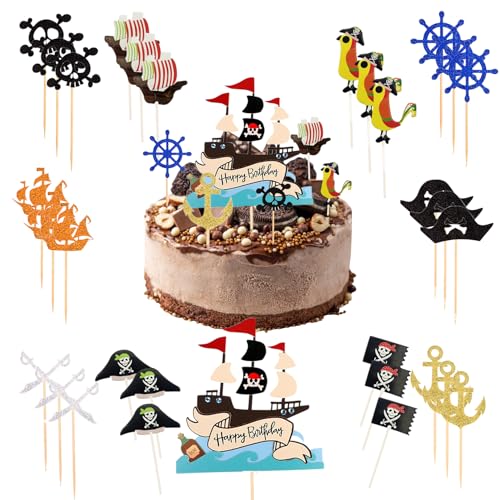 Piraten Tortendeko,31 Stück Piraten Kuchen Deko, Piraten Thema Party Dekoration, Für Piraten Kindergeburtstag, Piraten Muffin, Piraten Kuchen Topper,Kuchendeko Geburtstag Junge(Piratenschiff, Schädel) von HSLPSM