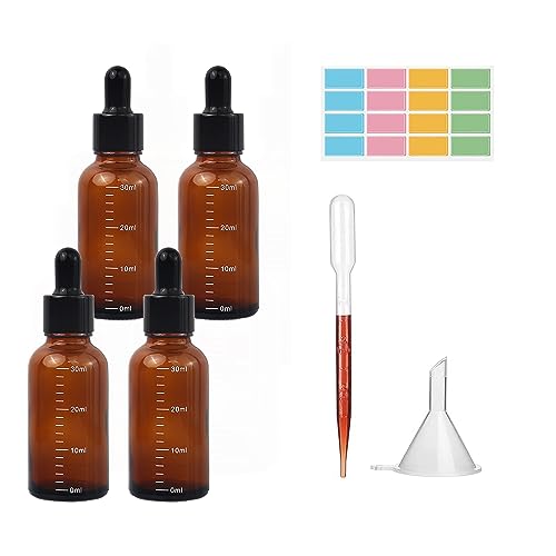 Pipettenflasche 30ml, 4 StüCk Brown Glass Bottles, Transparent Essential Oil, Perfume Bottle With Dropper, Refillable Cosmetic Containers, für Ätherische Öl, Parfümöle, Düfte,Flüssigkeit. (30ml) von HSLUBI