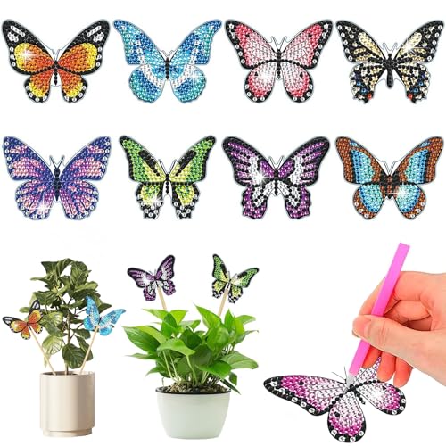 HSLXBY 8 Stücke Schmetterling Diamond Painting Kits,Craft Buddy Diamond Painting,Diamond Painting Blumenstecker,Diamond Painting Schmetterling,für Draußen und Drinnen Balkon Deko,Basteln von HSLXBY