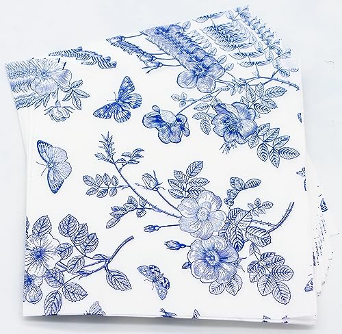 40 blau-weiße Servietten mit Blumenmuster – ausgefallene Dessert-Papierservietten für Teepartys, Babypartys, Geburtstagsparty-Zubehör, Dekoration von HSPAIDYP