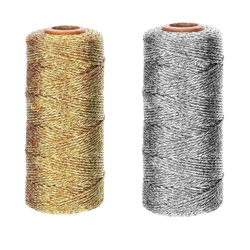 HSTWODE 100M Silber und Gold Metallic Schnur, 2mm Kordel Bindfaden DIY Bastelschnur,2 Rollen Verpackungsschnur für Geschenkpapier, Dekoration, Handwerk (Gold + Silber) von HSTWODE