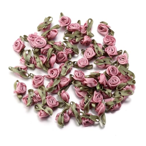 HSTWODE 100Stk Mini-Bandrosen Zum Basteln,18 Farben Künstliche Stoffblumen,Mit Grünen Blättern Rosetten Kleine Blumen Satinbänder Verzierungen Applikation Nähen Schleifen Hochzeit (Bohne Rosa) von HSTWODE