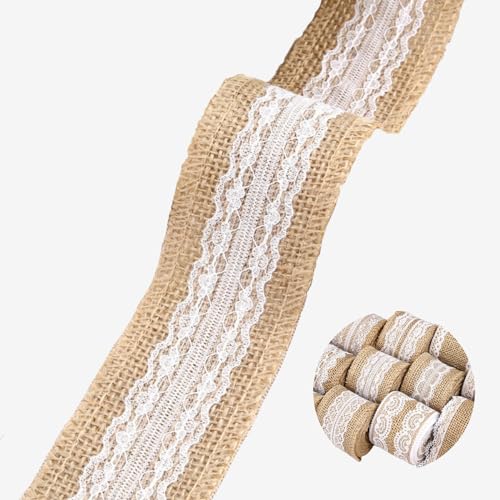 HSTWODE 10M Juteband mit Spitze, 5 cm breit Natürliche jute Bänder und Spitze, Weißer Spitze Natürlich Dekoration Für Geburtstag Hochzeit Party, Weihnachten Dekoration (Stil 5#) von HSTWODE