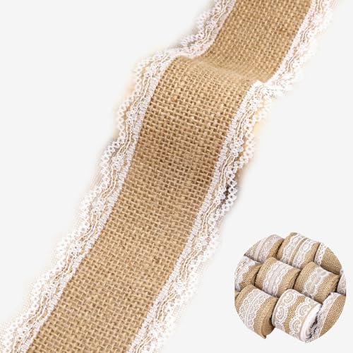 HSTWODE 10M Juteband mit Spitze, 5 cm breit Natürliche jute Bänder und Spitze, Weißer Spitze Natürlich Dekoration Für Geburtstag Hochzeit Party, Weihnachten Dekoration (Stil 9#) von HSTWODE