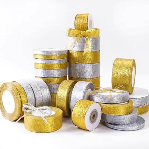 HSTWODE 150 Yards Geschenkband Gold,0.6-4 cm breit Goldenes Band Und silberne Bänder, Dekobänd, Weihnachtenband Organza, Satinband für Karten, Geschenk, Hochzeits (6 Rollen Gold 4cm breit) von HSTWODE