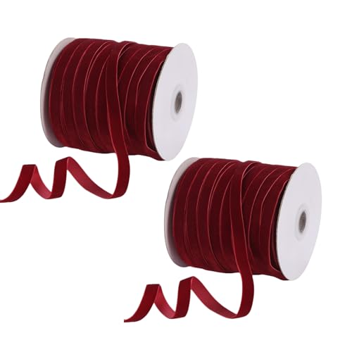 HSTWODE 2 Rollen*50yards 1,0cm Breite Samtband Set mit Papierförmig Spule, Stoffband für Weihnachten Kranz Dekoration Handgemachte Handwerk Ornamente & Geschenkverpackungen (Burgunderrot) von HSTWODE