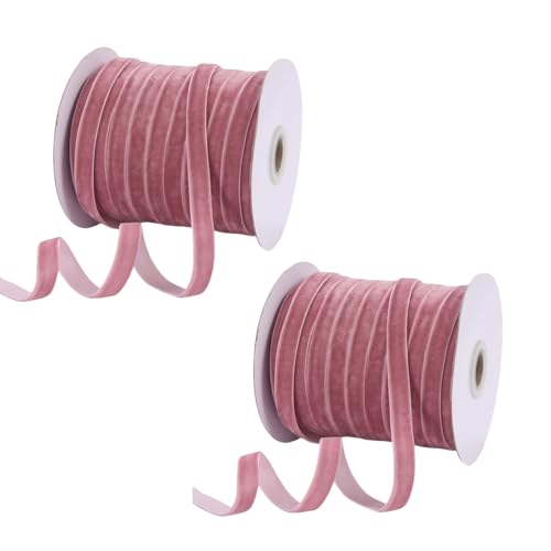 HSTWODE 2 Rollen*50yards 1,0cm Breite Samtband Set mit Papierförmig Spule, Stoffband für Weihnachten Kranz Dekoration Handgemachte Handwerk Ornamente & Geschenkverpackungen (Leder Rosa) von HSTWODE