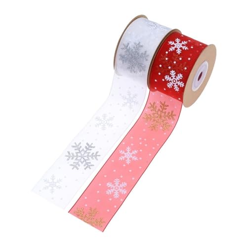 HSTWODE 2 Stück 3,8 cm in der Breite Organza Band Schneeflocke Verdrahtet Schier Band mit Spule für Weihnachten Dekoration, Geschenk Verpackung, Party Dekoration (Rot+Weiß) von HSTWODE