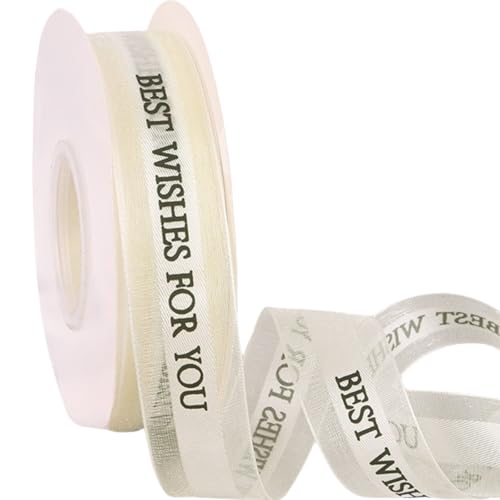 HSTWODE 2 Stück 50 Yards × 2.5 cm Geschenkband Band mit dem Schriftzug „Best Wishes for You“,Band Schleifenband Geschenkband Dekoband Für Kuchendekoration, Blumenverpackung, (Beige) von HSTWODE