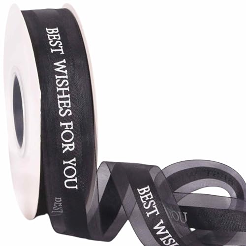 HSTWODE 2 Stück 50 Yards × 2.5 cm Geschenkband Band mit dem Schriftzug „Best Wishes for You“,Band Schleifenband Geschenkband Dekoband Für Kuchendekoration, Blumenverpackung, (Black) von HSTWODE