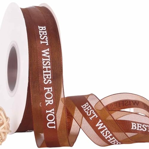 HSTWODE 2 Stück 50 Yards × 2.5 cm Geschenkband Band mit dem Schriftzug „Best Wishes for You“,Band Schleifenband Geschenkband Dekoband Für Kuchendekoration, Blumenverpackung, (Kaffee) von HSTWODE