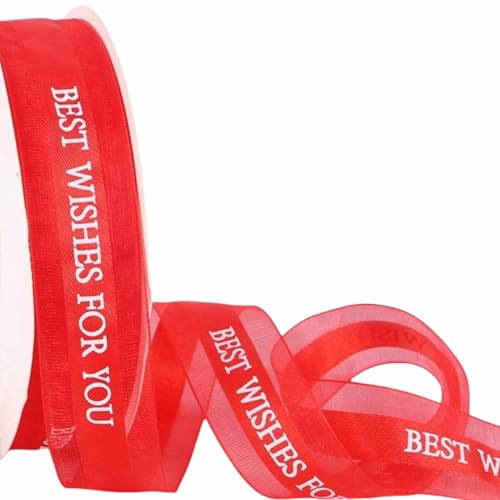 HSTWODE 2 Stück 50 Yards × 2.5 cm Geschenkband Band mit dem Schriftzug „Best Wishes for You“,Band Schleifenband Geschenkband Dekoband Für Kuchendekoration, Blumenverpackung, (Rot) von HSTWODE