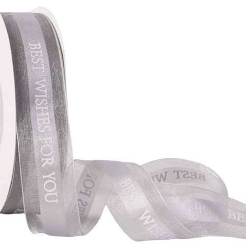 HSTWODE 2 Stück 50 Yards × 2.5 cm Geschenkband Band mit dem Schriftzug „Best Wishes for You“,Band Schleifenband Geschenkband Dekoband Für Kuchendekoration, Blumenverpackung, (Silbergrau) von HSTWODE