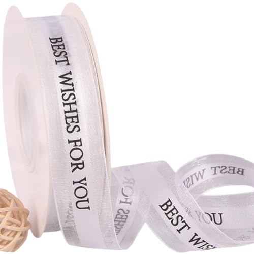 HSTWODE 2 Stück 50 Yards × 2.5 cm Geschenkband Band mit dem Schriftzug „Best Wishes for You“,Band Schleifenband Geschenkband Dekoband Für Kuchendekoration, Blumenverpackung, (gebleicht) von HSTWODE