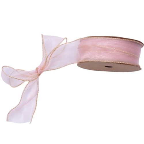 HSTWODE 2 Stück Schleifenband,Organzaband,Chiffonband Organza mit Goldkante,Geschenkband Breit Dekoband Hochzeit Organza Seidenband,4 mm X 9.1 m (Kirschblütenrosa) von HSTWODE