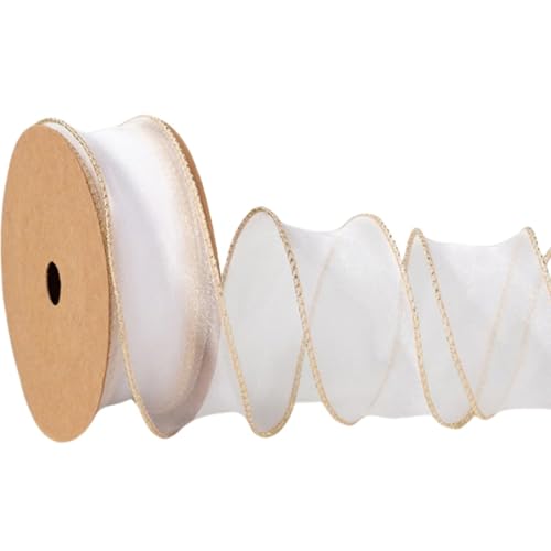 HSTWODE 2 Stück Schleifenband,Organzaband,Chiffonband Organza mit Goldkante,Geschenkband Breit Dekoband Hochzeit Organza Seidenband,4 mm X 9.1 m (Perlweiß) von HSTWODE