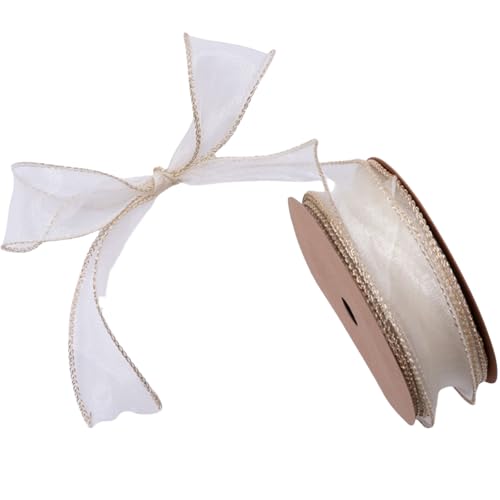 HSTWODE 2 Stück Schleifenband,Organzaband,Chiffonband Organza mit Goldkante,Geschenkband Breit Dekoband Hochzeit Organza Seidenband,4 mm X 9.1 m (vergoldeter Muschelreis) von HSTWODE