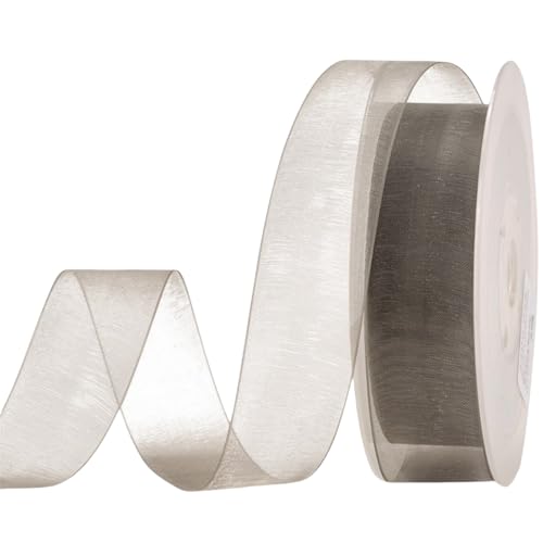 HSTWODE 200 Yard Dekoband Chiffon Geschenkband Schleifenband transparent mit Kanten Premium Qualität Hochzeit Geburtstag Drahtkantenband (Metallic-Grau, 25mm) von HSTWODE