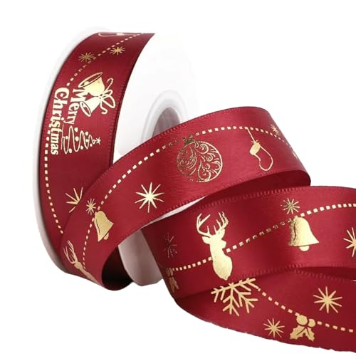 HSTWODE 25 Yards Schleifenband Weihnachten, Weihnachtsbänder Grün/Rot Geschenkband Weihnachten, 25mm Breite Satinband mit Weihnachtsmotiv (burgunderrote Geschenkfolie) von HSTWODE