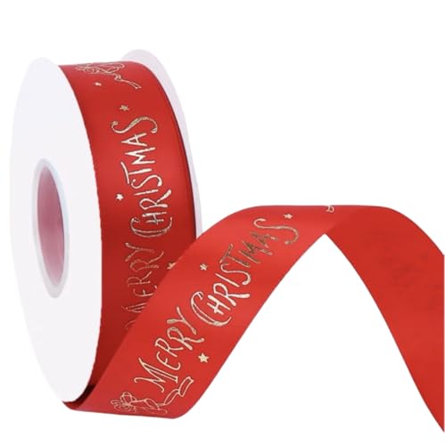 HSTWODE 25 Yards Schleifenband Weihnachten, Weihnachtsbänder Grün/Rot Geschenkband Weihnachten, 25mm Breite Satinband mit Weihnachtsmotiv (fröhliche Weihnachten rot) von HSTWODE