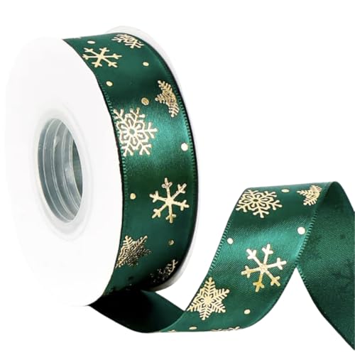 HSTWODE 25 Yards Schleifenband Weihnachten, Weihnachtsbänder Grün/Rot Geschenkband Weihnachten, 25mm Breite Satinband mit Weihnachtsmotiv (goldene Schneeflocke) von HSTWODE