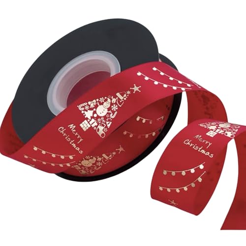 HSTWODE 25 Yards Schleifenband Weihnachten, Weihnachtsbänder Grün/Rot Geschenkband Weihnachten, 25mm Breite Satinband mit Weihnachtsmotiv (roter Weihnachtsbaum) von HSTWODE