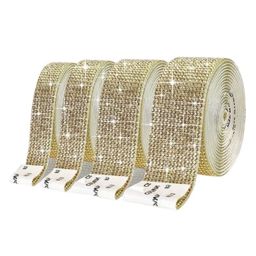 HSTWODE 4 Rollen Selbstklebende Kristall Strass Diamant Band,Strass Selbstklebend Band Glitzersteine Strasssteine DIY Dekoration Aufkleber mit 2 mm Strass für Auto Handwerk Hochzeit (Gelb) von HSTWODE