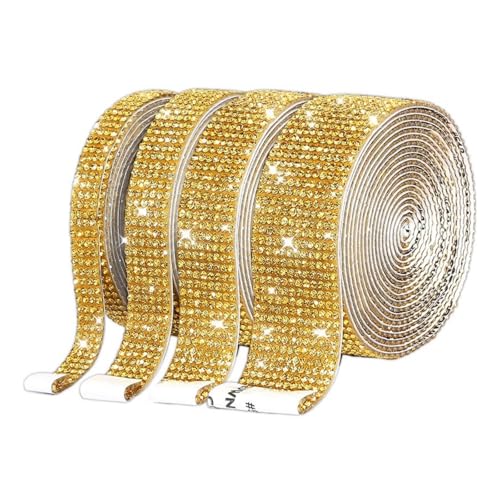 HSTWODE 4 Rollen Selbstklebende Kristall Strass Diamant Band,Strass Selbstklebend Band Glitzersteine Strasssteine DIY Dekoration Aufkleber mit 2 mm Strass für Auto Handwerk Hochzeit (Gold) von HSTWODE