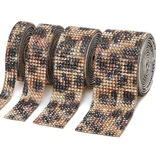 HSTWODE 4 Rollen Selbstklebende Kristall Strass Diamant Band,Strass Selbstklebend Band Glitzersteine Strasssteine DIY Dekoration Aufkleber mit 2 mm Strass für Auto Handwerk Hochzeit (Leopard) von HSTWODE