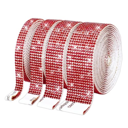 HSTWODE 4 Rollen Selbstklebende Kristall Strass Diamant Band,Strass Selbstklebend Band Glitzersteine Strasssteine DIY Dekoration Aufkleber mit 2 mm Strass für Auto Handwerk Hochzeit (Rot) von HSTWODE