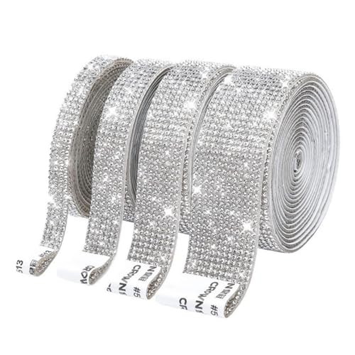 HSTWODE 4 Rollen Selbstklebende Kristall Strass Diamant Band,Strass Selbstklebend Band Glitzersteine Strasssteine DIY Dekoration Aufkleber mit 2 mm Strass für Auto Handwerk Hochzeit (Weiß) von HSTWODE