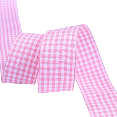 HSTWODE 50 Yard Klassisches kariertes Band, Gingham-Band, kariertes Band, Gingham-Band, gewebter Rand, Geschenkband (blassrosa, 16mm) von HSTWODE