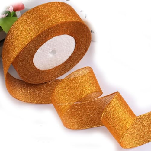 HSTWODE Geschenkband Chiffon 4cm x 22 m Schleifenband Festival Bänder Dekoband für ochzeit, Taufe, Weihnachten, Geburtstag Geschenke (Orange+Glitzer Gold) von HSTWODE