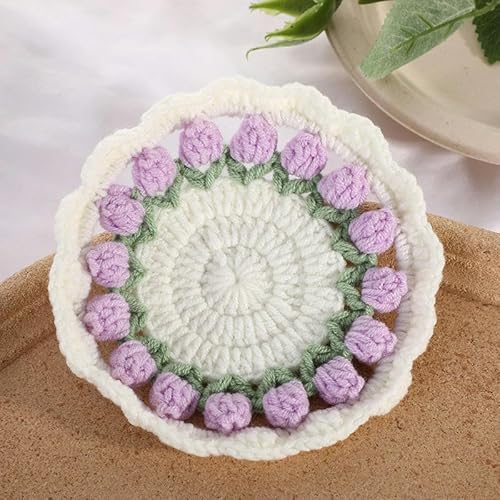 HSYHKDSY 13 cm große gehäkelte Tischsets mit violetten und gelben Blumen, gewebte handgefertigte Tischsets, waschbare Deckchen-Tischsets, geflochtene Untersetzer (violett, 13 cm) von HSYHKDSY